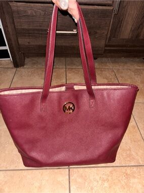 Michael Kors Wine Saffiano Leather Tote with Gold MK Emblem